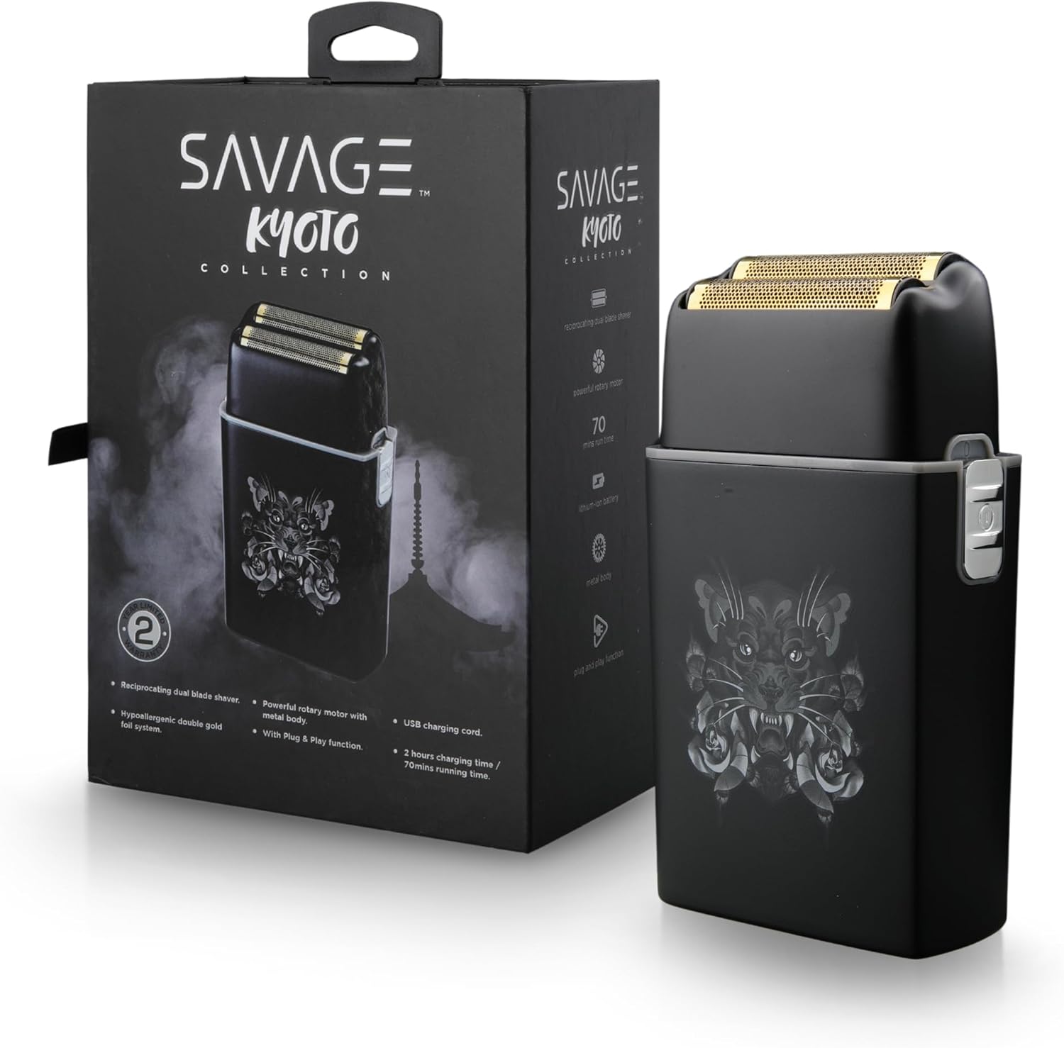 Savage Foil Shaver for Men, Professional Reciprocating Dual Blade Double Gold Foil Shaver, Hypoallergenic, 3.7V Rechargeable 90 Minute Runtime, Plug and Play, Metal Body with Panther Kyoto Design