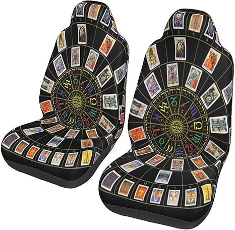 Astrology Wheel and Tarot 2 Pieces of Car Front Seat Cover, Vehicle Seat Protective Cover, Suitable for All Kinds of Cars, Cars, SUV.