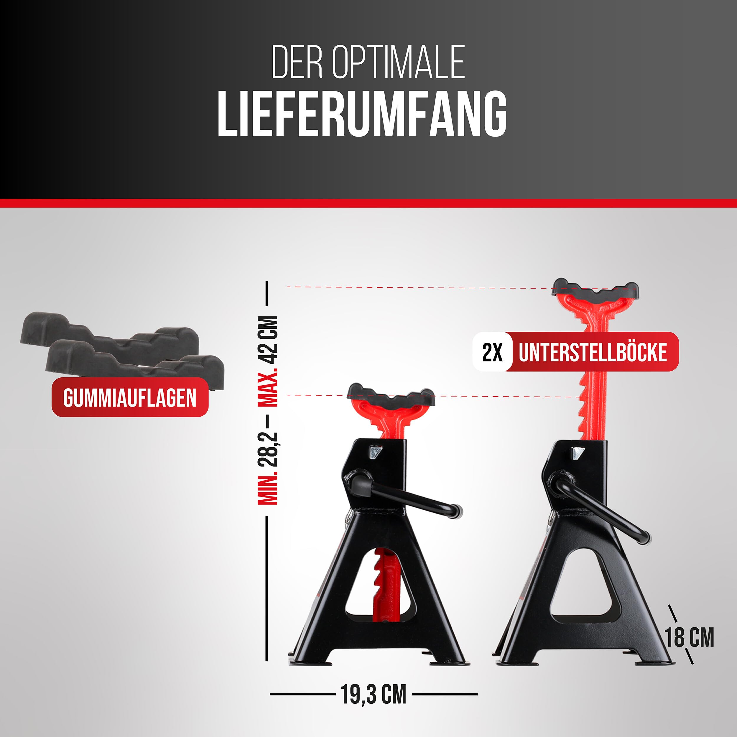 HEYNER® Unterstellbock 2er Set mit Gummiauflage Hubhöhe 282-430 mm TÜV/EAW-Zertifiziert Traglast 2t Stützbock Stützfuß 10-Fach Höhenverstellbar