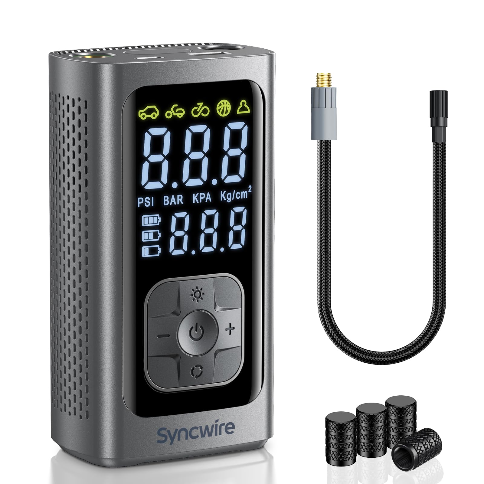 Syncwire Tyre Inflator Portable Air Compressor - 150PSI Faster Inflation Air Pump Electric Smart Pump Tyre Inflator for Car, Motorcycle, Bike & Balls, with Tyre Valve Caps, Extra-large LCD, Auto-offClimatePartner certified