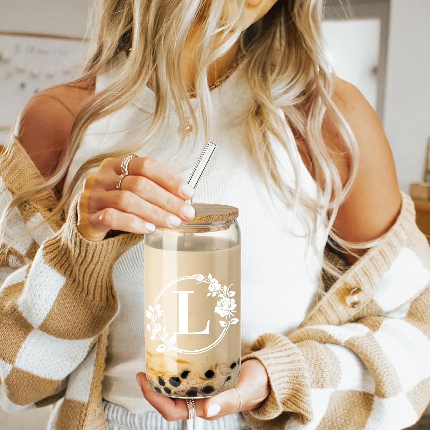 Birthday Gifts for Women, Monogrammed Initial Glass Cup Personalized Gifts for Women, 16oz Glass Cups with Lids and Straws, Iced Coffee Cup, Beer Can Shaped - Gift for Christmas, Birthday, L - Image 3