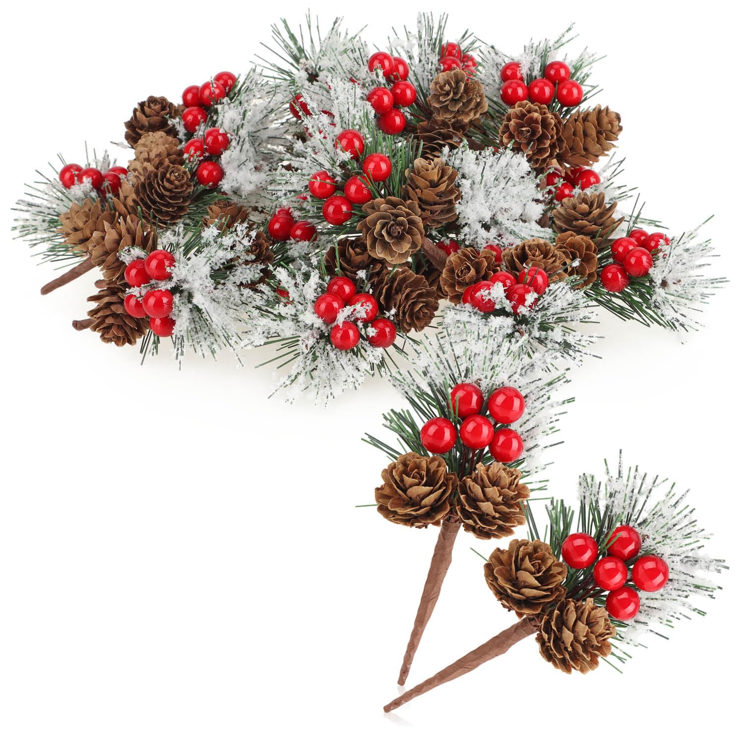 com-four20 x Decorative Branches with Larch Cones, Red Berries and Tree Needles - Christmas Grains - Decorative Branches for Wreaths and Compositions (6 Pieces - Red Checked)
