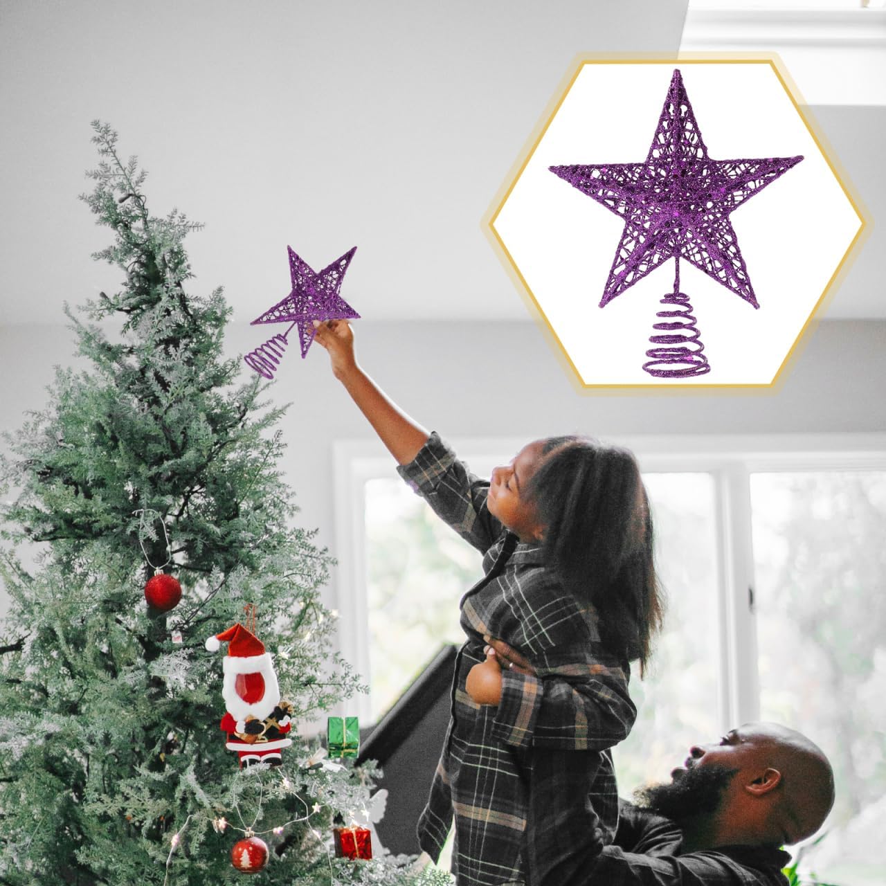 Amosfun Purple Christmas Tree Topper Star - 6.63 Inch Metal Glittered Treetop Decoration for Holiday and Party Seasonal D Cor