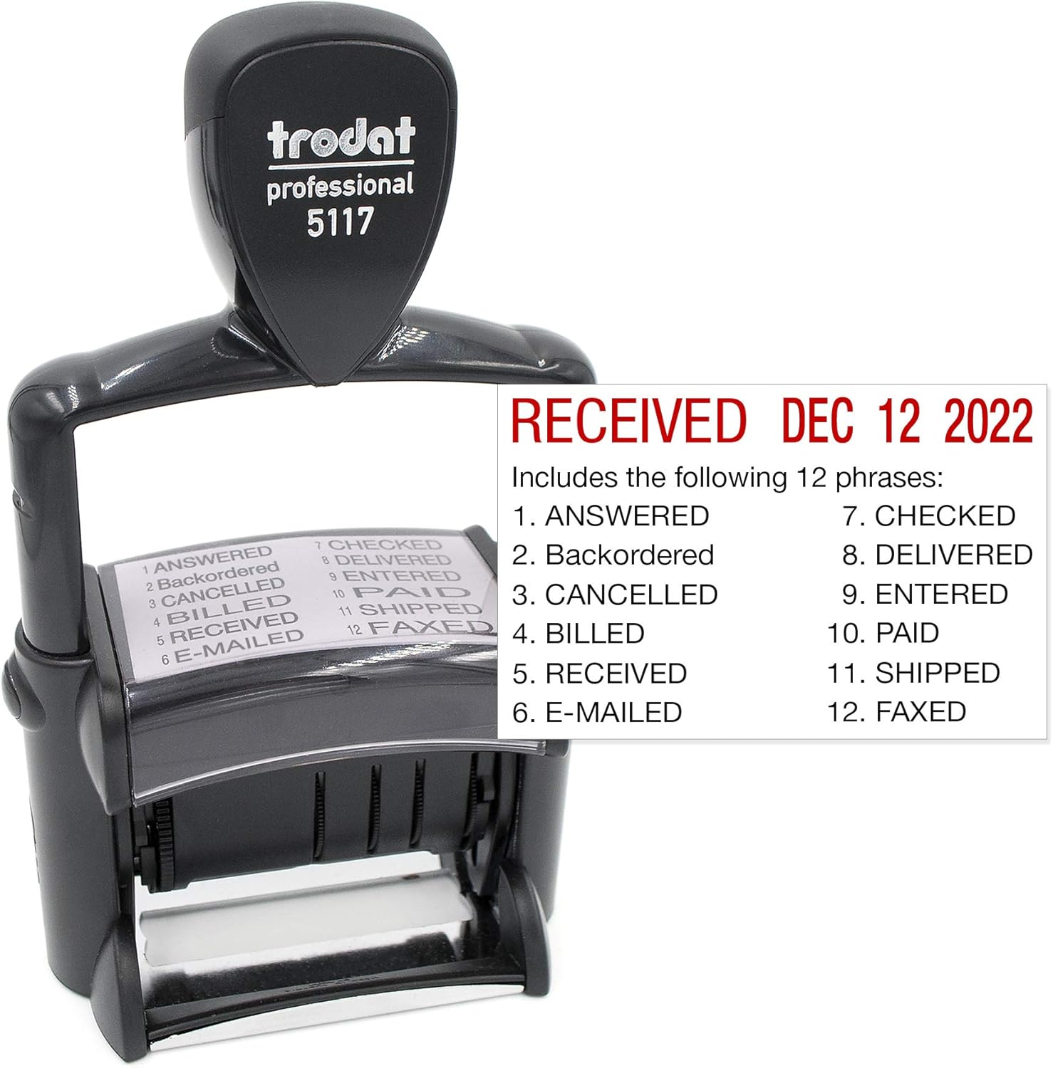 Trodat 5117 Professional 12-Message Stamp w/ Dater, Self-Inking, Blue/Red 2 Color Ink : Office Products