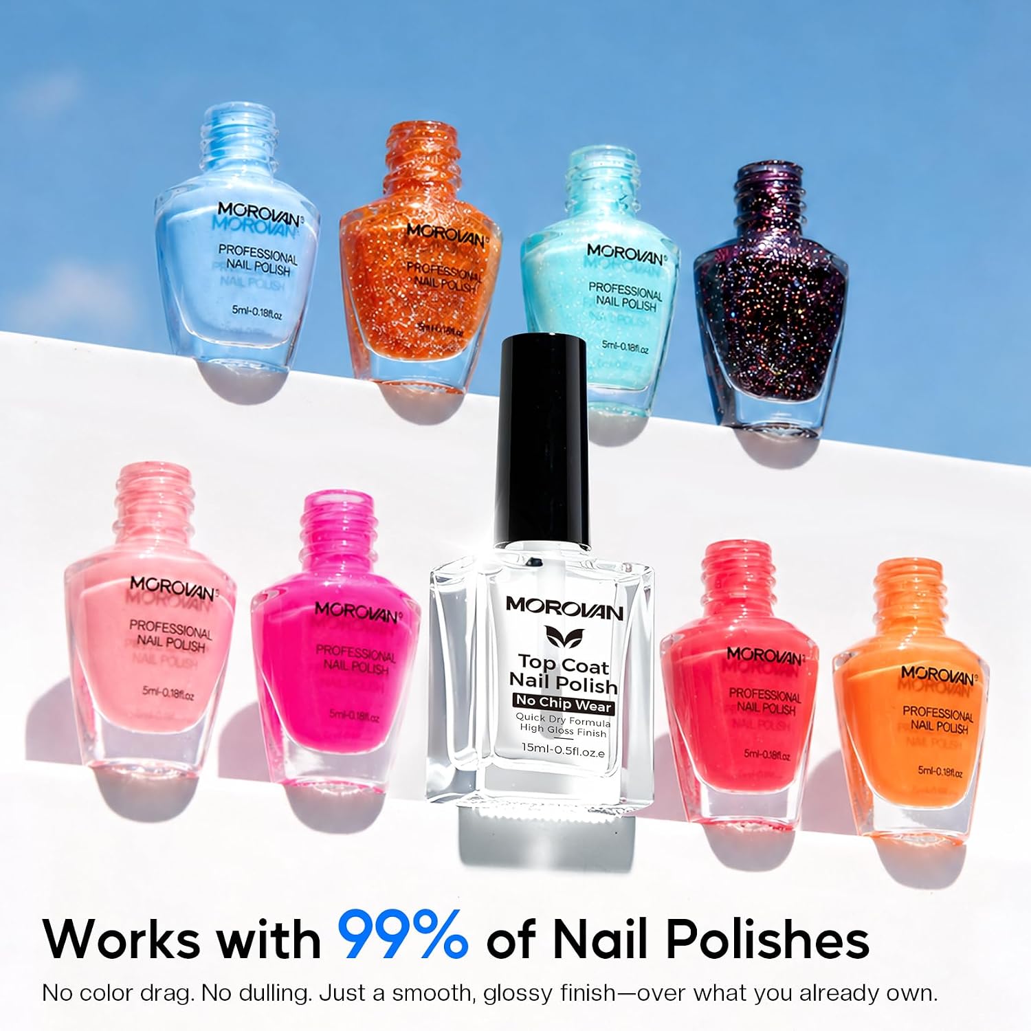 Morovan Top Coat Nail Polish: Long Lasting Chip Resistant Clear Top Coat, Quick Dry High Gloss Gel-Like Shine Anti-Stain Protects Color&Nails, Air Dry Non Yellowing For Regular Polish, 0.5 fl oz
