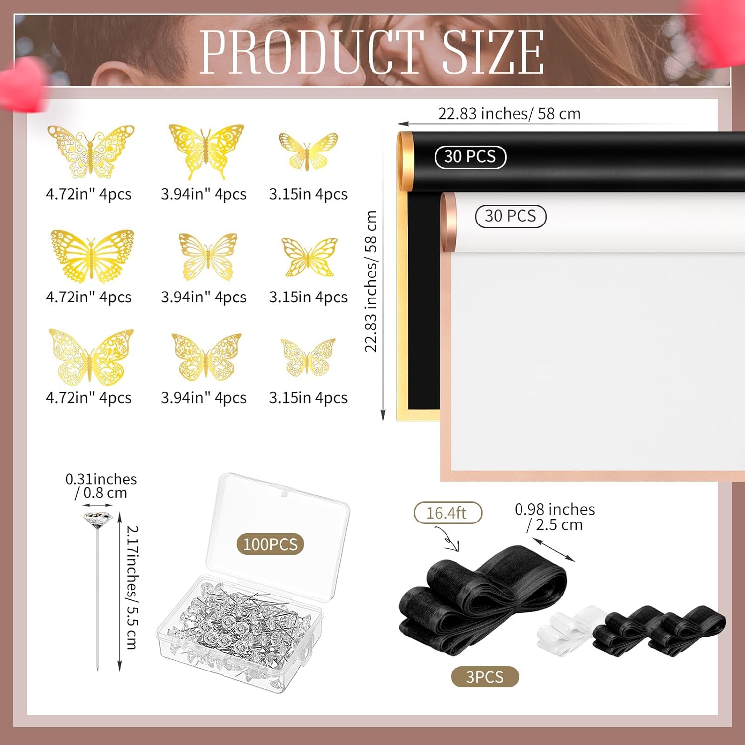 Seajan 60 Sheets Waterproof Flower Wrapping Paper Valentine Bouquet Wrapping Paper with 3 Ribbon 100 Diamond Pins 36 3D Gold Butterflies for Wedding Party Floral DIY Crafts(Black, White)