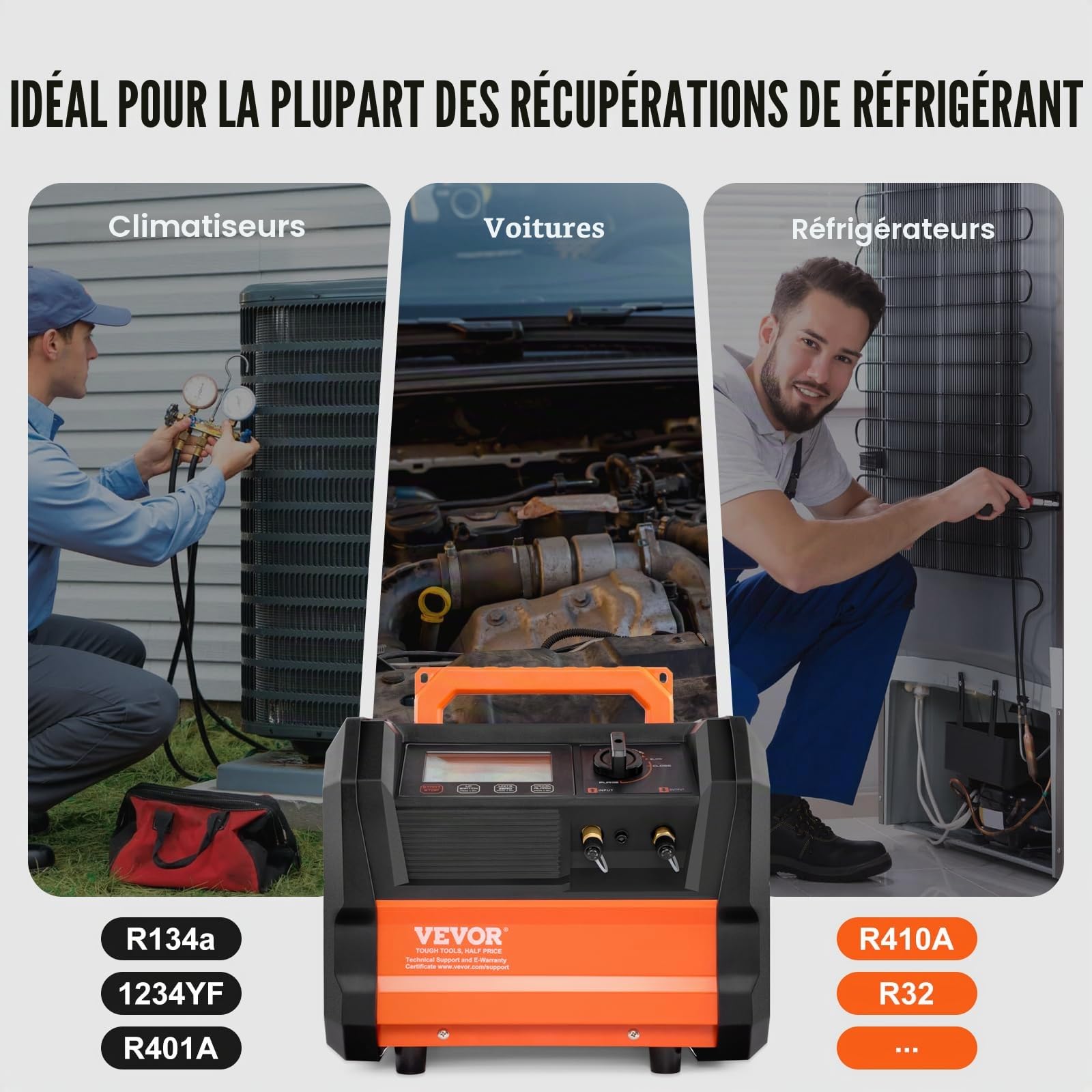 VEVOR Station de Récupération Fluides Frigorigènes 1 HP, Machine de Récupération de Réfrigérant Portable, Double Cylindre, Moteur sans Balais 3000 TR/Min