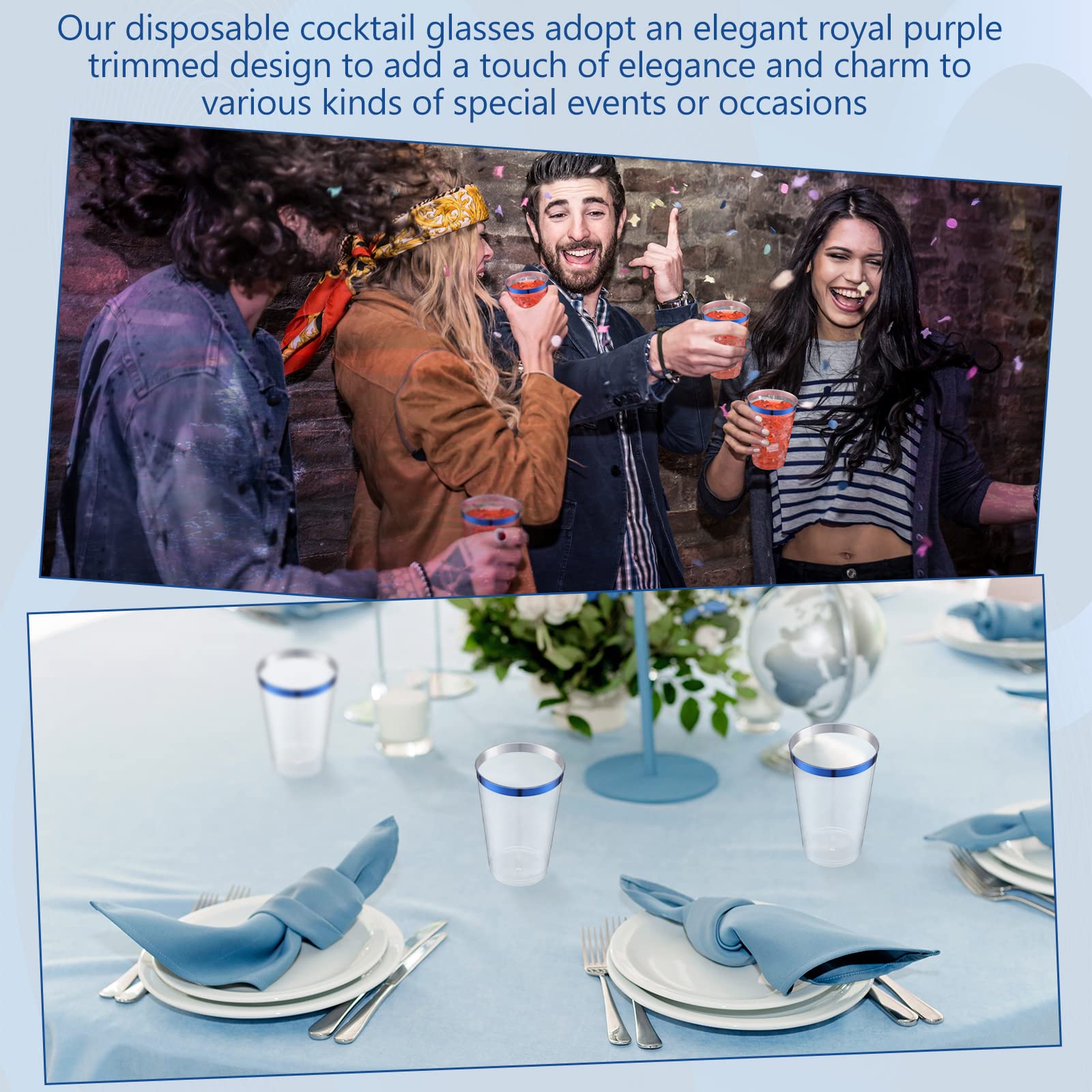 Zubebe 100 Pcs 14 oz Rimmed Disposable Wine Cups Hard Clear Plastic Cups with Rim Fancy Disposable Cocktail Glasses Elegant Wedding Cups Plastic Tumblers for Birthday Party Bridal Baby Shower (Blue)