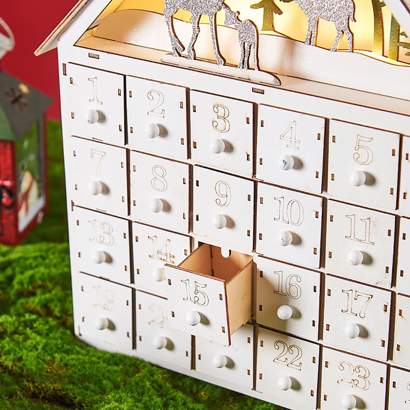 Calendario de Adviento de Navidad de madera – con 24 cajones y luces LED