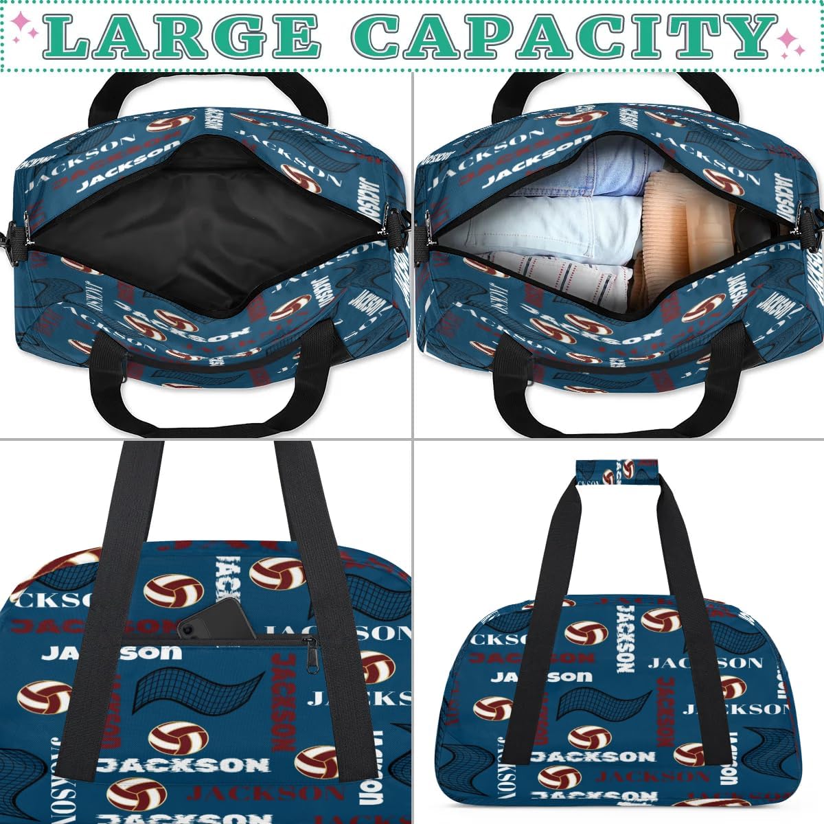 Personalized Volleyball Gym Bag Duffel Bag for Boys, Custom Sport Bag Overnight Bags for Travel Weekender Navy