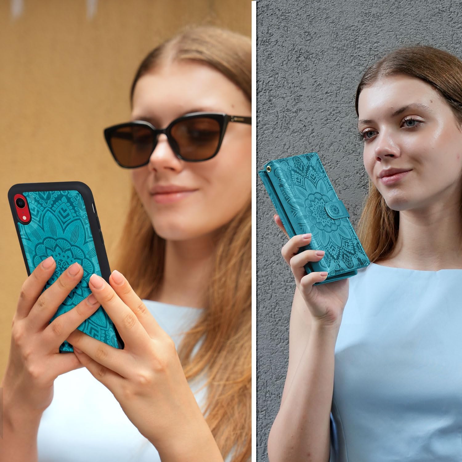 Harryshell Detachable Magnetic Zipper Wallet Leather Case Cash Pocket with Card Slots Holder Wrist Strap for iPhone XR 6.1 Inch 2018 Floral Flower (Blue Green)