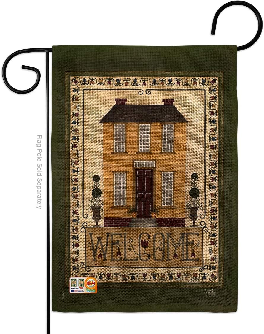 Welcome Yellow House Burlap Garden Flag Country Living Primitive Farm Western Barn American Rustic Cowboy Rural Ranch Small Decorative Gift Yard Banner Double-Sided Made In USA 13 X 18.5