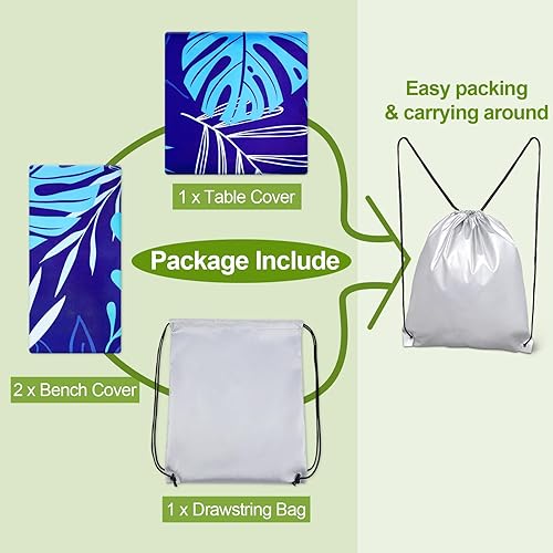 Miniatura 5 de Mantel de mesa de picnic con fundas de banco, 3 piezas, impermeable, resistente al viento, con bolsa con cordón, mesas y asientos rectangulares