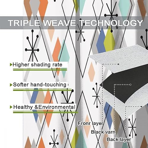 Miniatura 7 de Europen - Cortinas opacas modernas de mediados de siglo, fondo abstracto, estampado de diamantes coloridos de mediados de siglo, tratamiento de