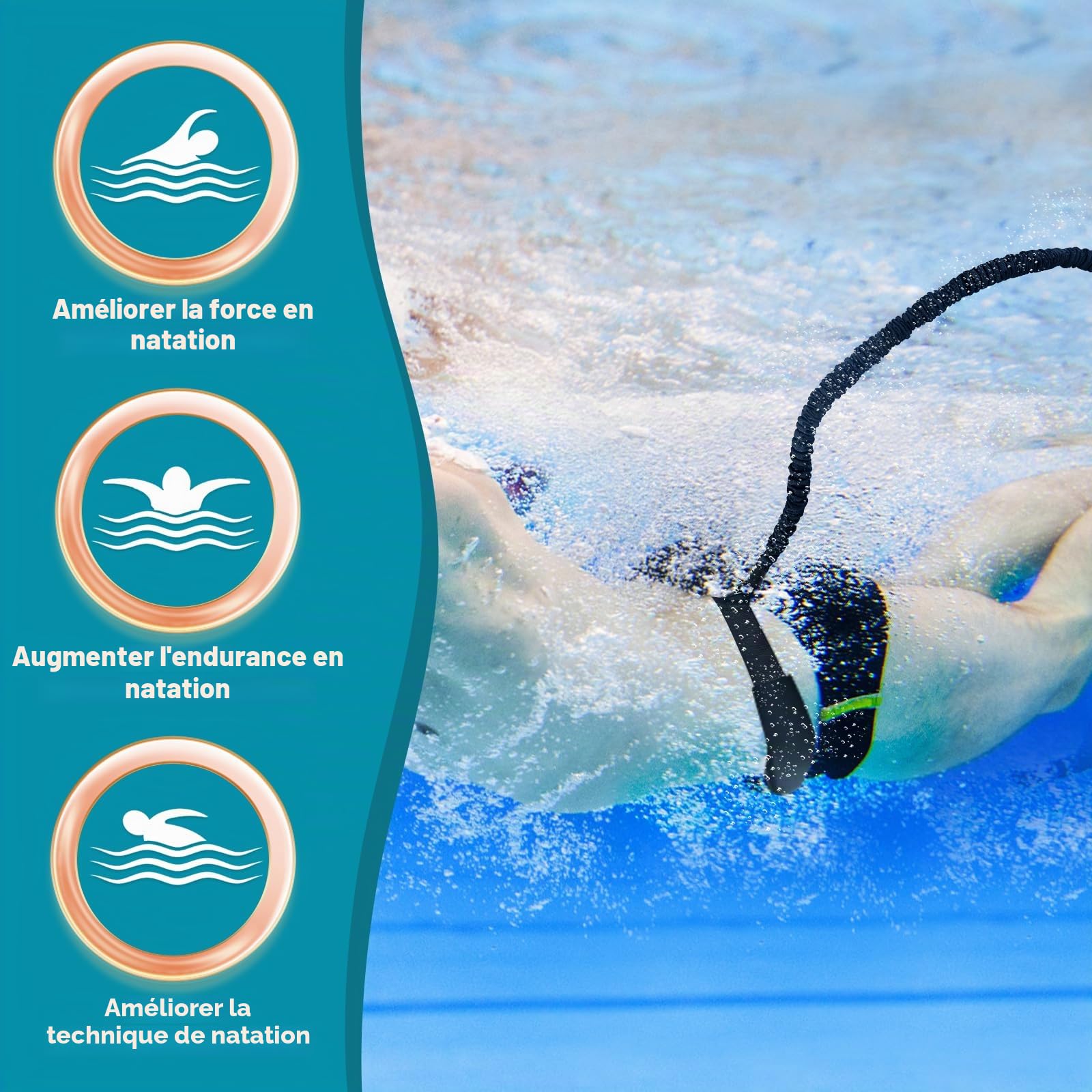 TUT Ceinture de Natation, Ceinture de Natation pour la Piscine Corde de Natation (4 à 10 m), Elastique de Nage Piscine Ceinture d'entraînement Réglable pour Adultes - Nage Contre Courant Ceinture