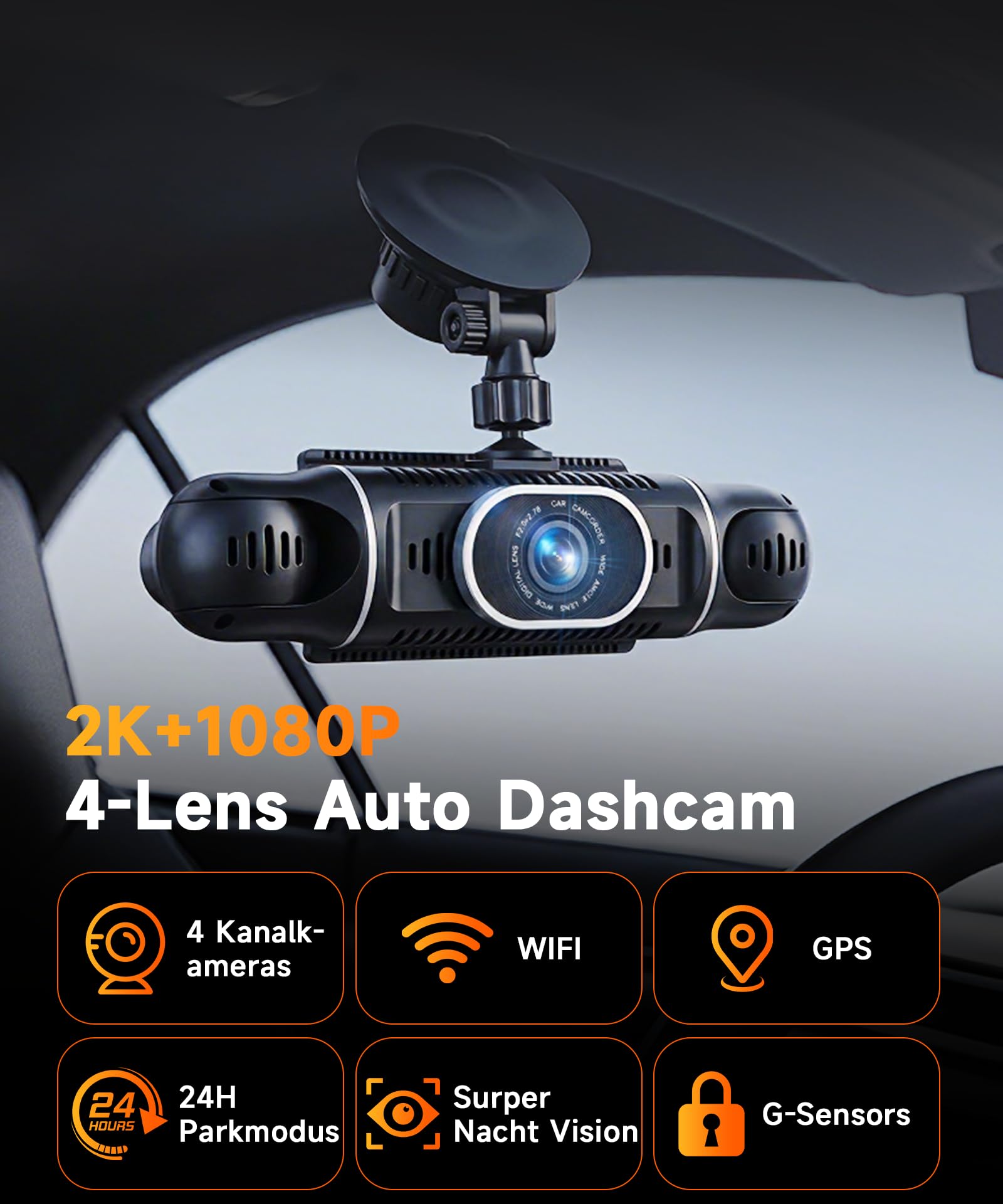 VECHTEL 2K/1080P Dashcam per auto anteriore e posteriore con WiFi, 4* Dash Cam Telecamera per auto con schermo IPS da 3 pollici,visione notturna,sensore G,protezione a 360 gradi,Con 64GB SD Card