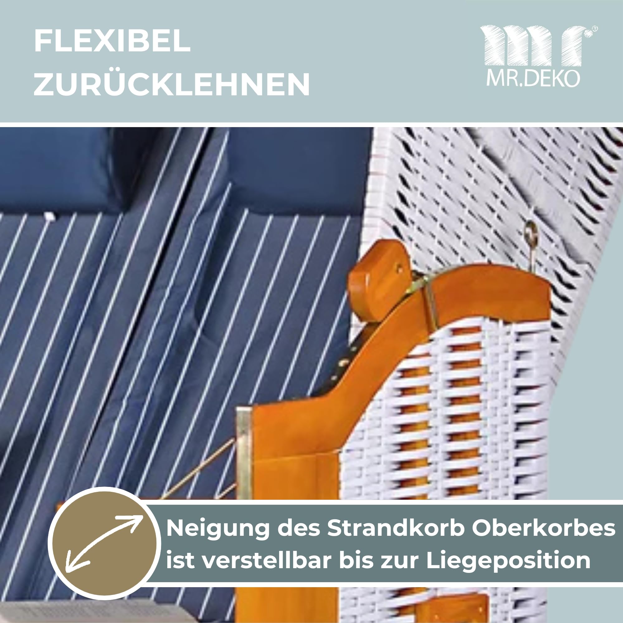 Mr. DEKO® Strandkorb Baltique rotin PE Blanc Bleu | qualité Premium | résistant Pluie Vent | Fauteuil-Cabine détente | mobilier de Jardin et Balcon extérieur, Coin Repos Chic