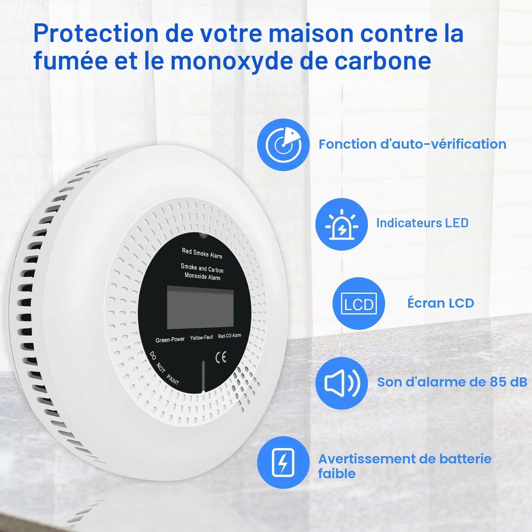 Détecteurs de fumée et de monoxyde de Carbone,détecteurs de fumée et de monoxyde de Carbone combinés pour la Maison,avec Affichage numérique,en 50291 & en 14604. 2 pièce