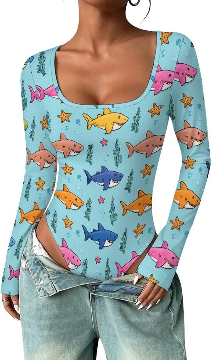 Shark Pattern Women's Bodysuits Long Sleeve Top 5XL