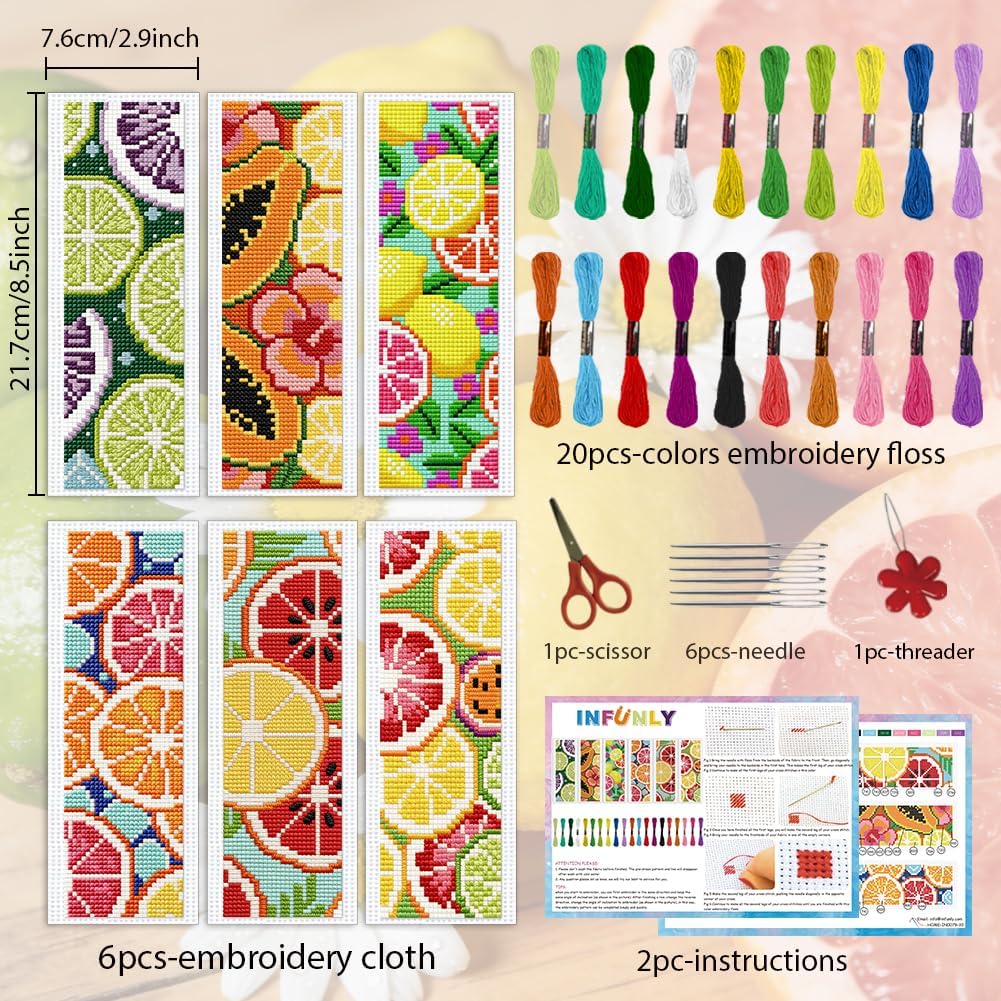 INFUNLY 6Pcs Lemon Cross Stitch Bookmark Kit 3x8.5 Inch/7.6x21.6cm Stamped Embroidery Starter Set with 20 Color Floss Cotton Linen DIY Needlepoint Bookmark for Book Lovers Gift, Colorful