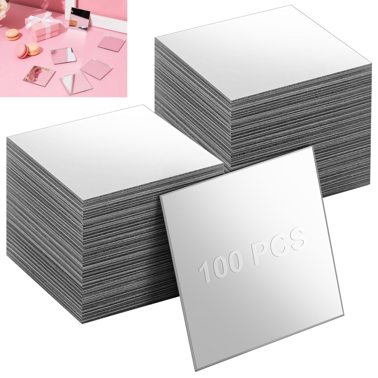 100 specchietti autoadesivi da incollare a mosaico, in acrilico, 5 x 5 cm, quadrati, flessibili, per fai da te, camera da letto, bagno, decorazione da parete