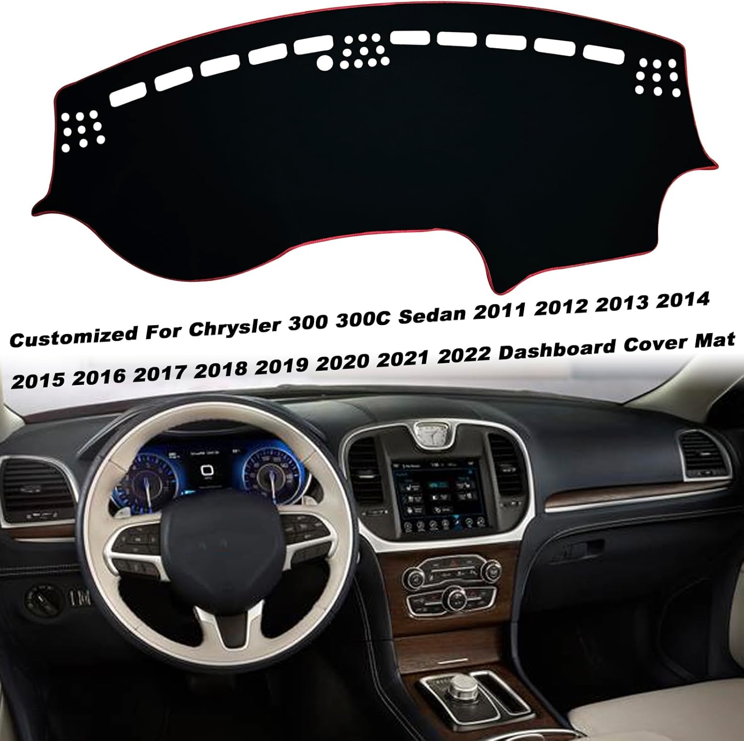 Dash Mat Cover Interior Dashboard Protection pad Compatible with Chrysler 300 300C Sedan 2011-2023 Dashboard Cover Pad Carpet Protector (Red Trim)