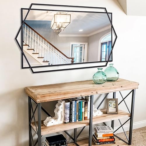 Miniatura 10 de Autdot Espejo decorativo de pared de 22 x 32 pulgadas, espejo de baño dorado para pared con hexágono y marco de metal rectangular, espejo moderno y