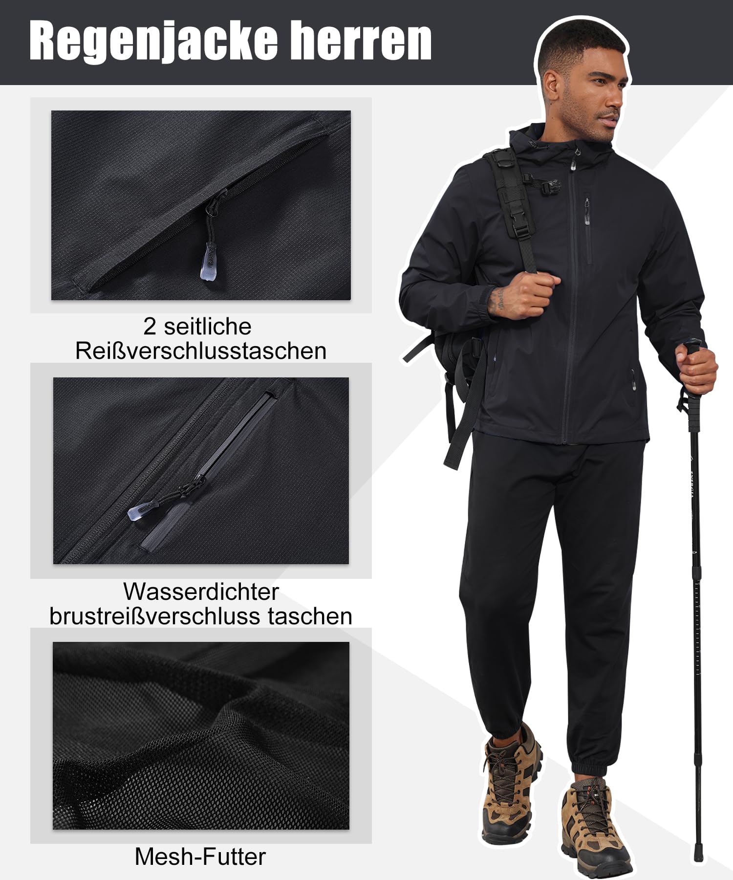 Huayuzh Regenjacke Herren Wasserdicht Leichte Regenmantel Camping Wandern Atmungsaktiv Packbare Softshelljacke mit Kapuze