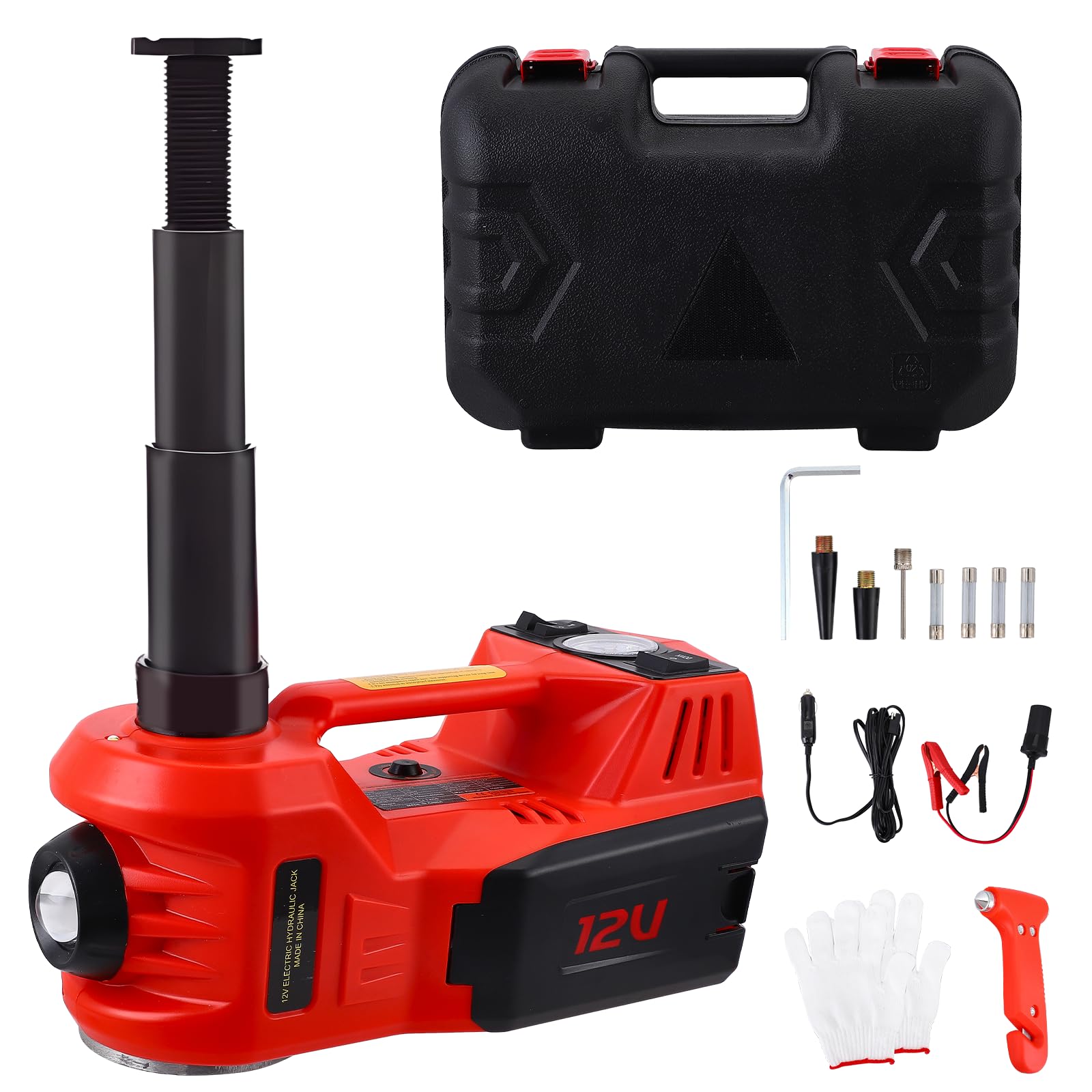 Gato Electrico para Coche 5T, 12 V Gato Hidráulico para Coche, 15-45 cm de Alcance de Elevación, con Bomba Inflable y luz LED, 4 en 1 para Auto/SUV/Camión, Cambio de Neumáticos