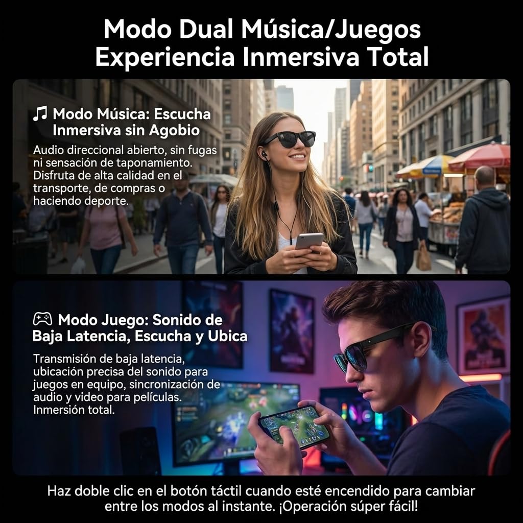 Genérico Gafas Inteligentes de Sol Bluetooth con IA y Traducción de Voz,Smart Glasses Audio para Llamadas y Música, Micrófono Antirruido para Bici y Running, Compatibles con iOS y Android - Negro