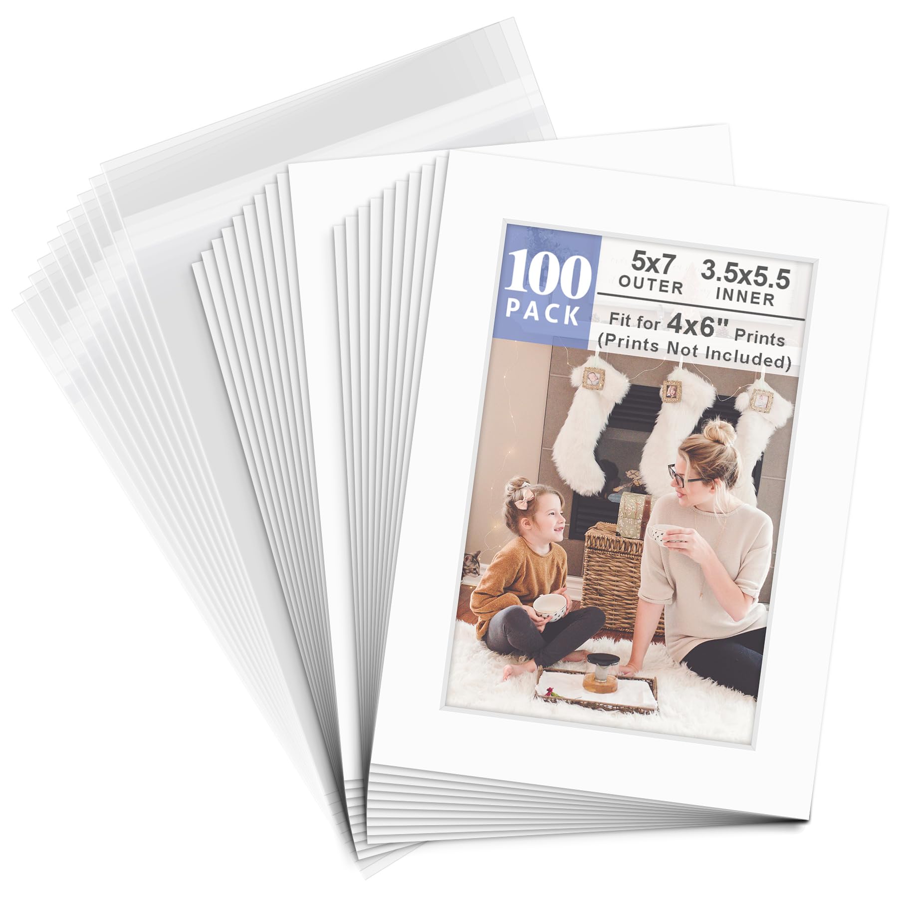 Pack of 100 5x7 WHITE Picture Mats Mattes with White Core Bevel Cut for 4x6 Photo + Back + Bags
