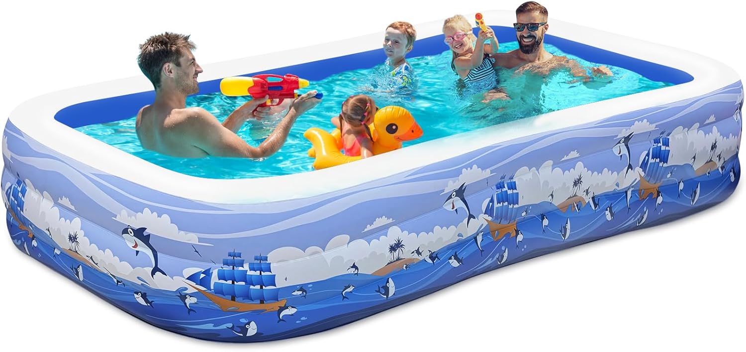 Nattork Inflatable Pool for Kids and Adults, 145" x 71" x 22" Family Full-Sized Inflatable Swimming Pool, Durable Thickened Above Ground Blow Up Pool for Kids Pools for Backyard Outdoor and Indoor 145x71x22"-Oceanfront Sight