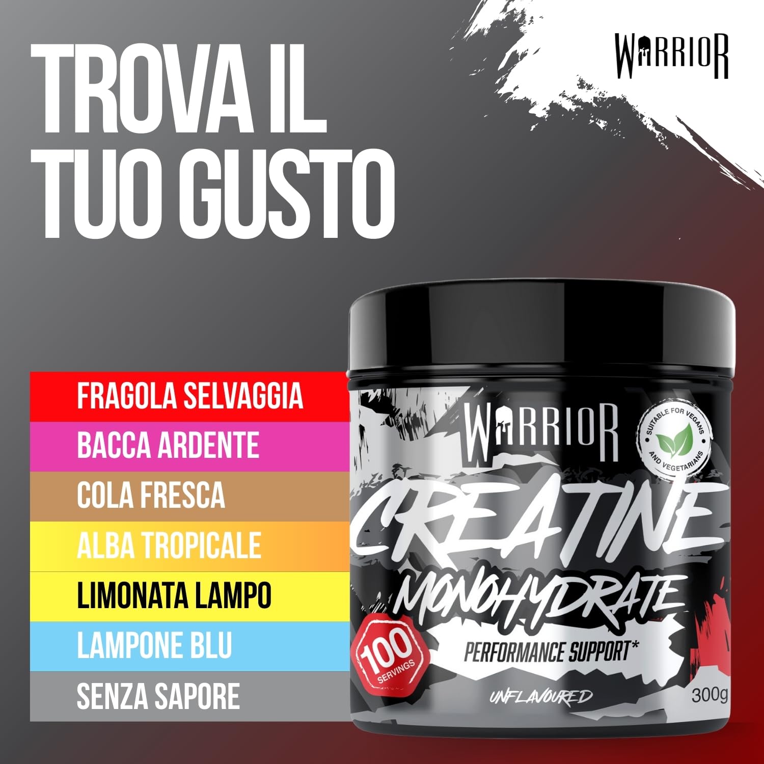 Warrior Creatina Monoidrata in Polvere 300 g (100 Porzioni) – Creatina Pura Creapure, Creatina Monoidrata Micronizzata per Massa Muscolare e Forza, Creatine Monohydrate Vegan – Senza Aroma (Neutro)