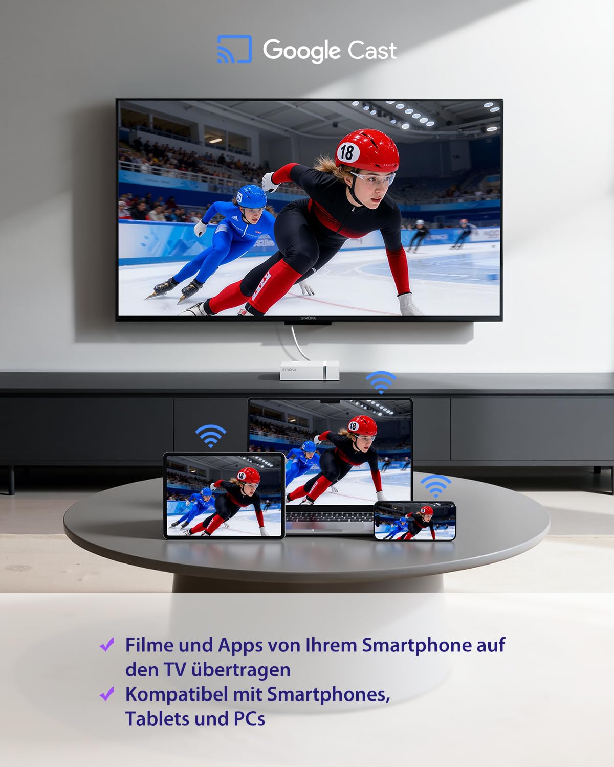 STRONG LEAP-S3+V2 Streaming Smart TV Box 4K UHD 2 GB RAM 16 GB Speicher HDR10+ Dolby Vision WiFi 5 BLE 5 Ethernet RJ45 Sprachassistent Weiß