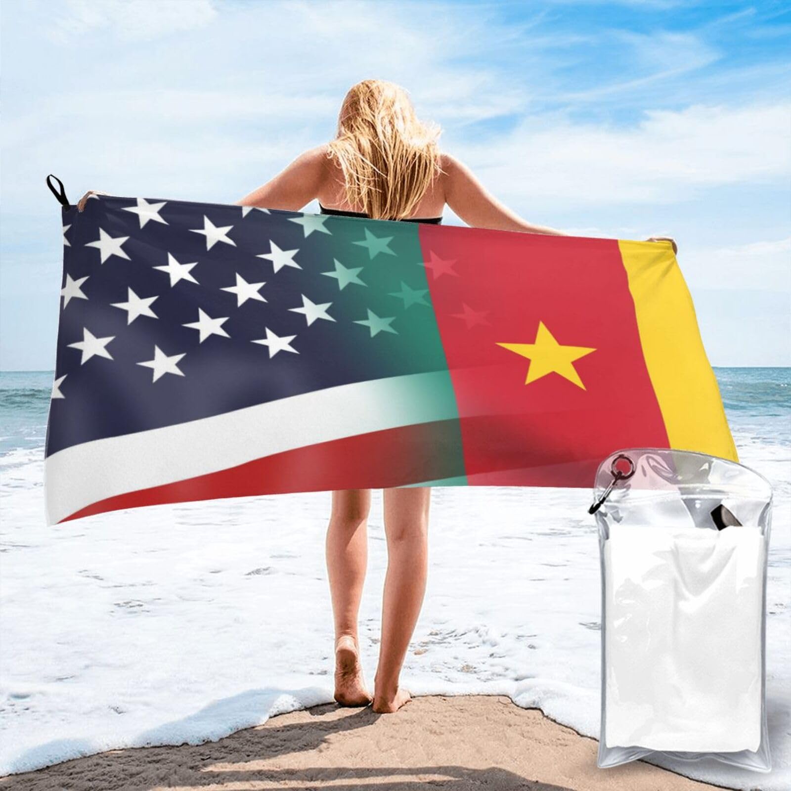 HACXZ Funny America Flag and Cameroon Flag Absorbent Beach Towel Microfiber Beach Shower Towel 27.5"X55"