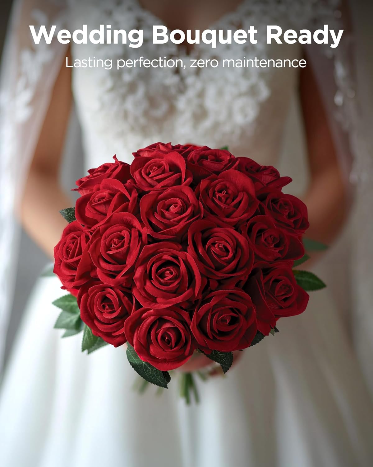 InnoGear 50 Pcs Red Roses Artificial Flowers, Fake Velvet Silk Rose Bulk Faux Flower for Valentine's Gift Decoration DIY Wedding Centerpieces Proposal Bridal Bouquets Party Floral Decor (50, Red) - Image 4