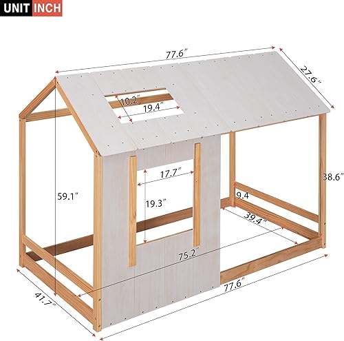 Miniatura 2 de MERITLINE Cama individual para niños, cama individual de madera para niños, cama Montessori con techo y ventana, cama de piso para niños pequeños,