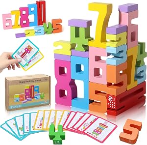 Wooden Number Building Block - 20Pcs Stacking Blocks for 3+ Years Old Kids, 1-10 Digital Blocks Toys, Balance Competition Toy, Educational Gift for Boys and Girls