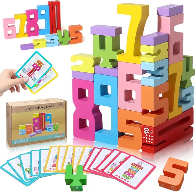 Bloc de construction numéro en bois - 20Pcs Blocs de positionnement pour 3+ Ans Old Kids, 1-10 Digital Blocks Jouets, Jouet de compétition d'équilibre, Cadeau éducatif pour les garçons et les filles