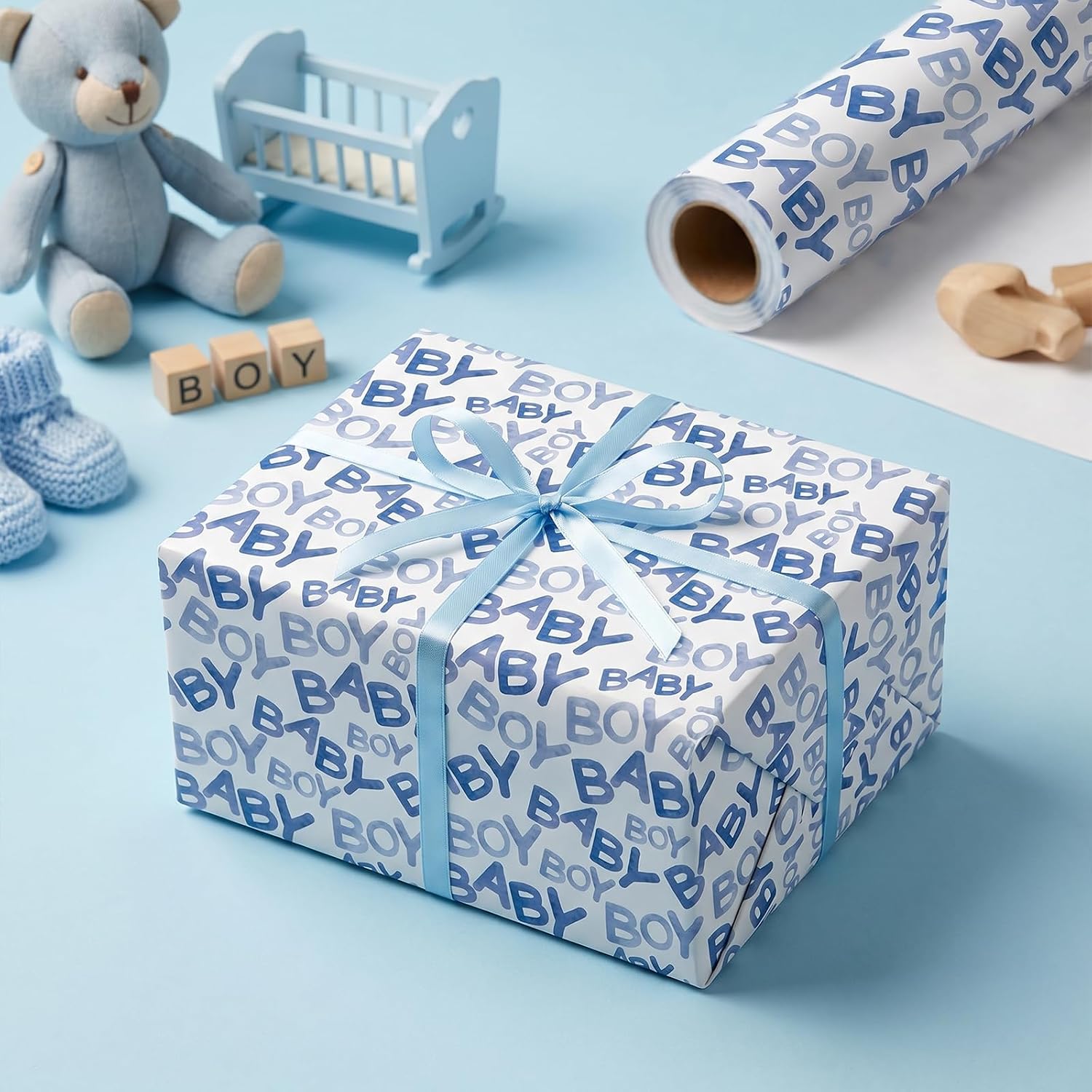 LeZakaa Baby Boy Gift Wrapping Paper Roll, Blue Baby Boy Text Design for Boys Birthday, Baby Shower, Mini Roll, 17 inches x 32.8 Feet (46.45 sq.ft.) image 5