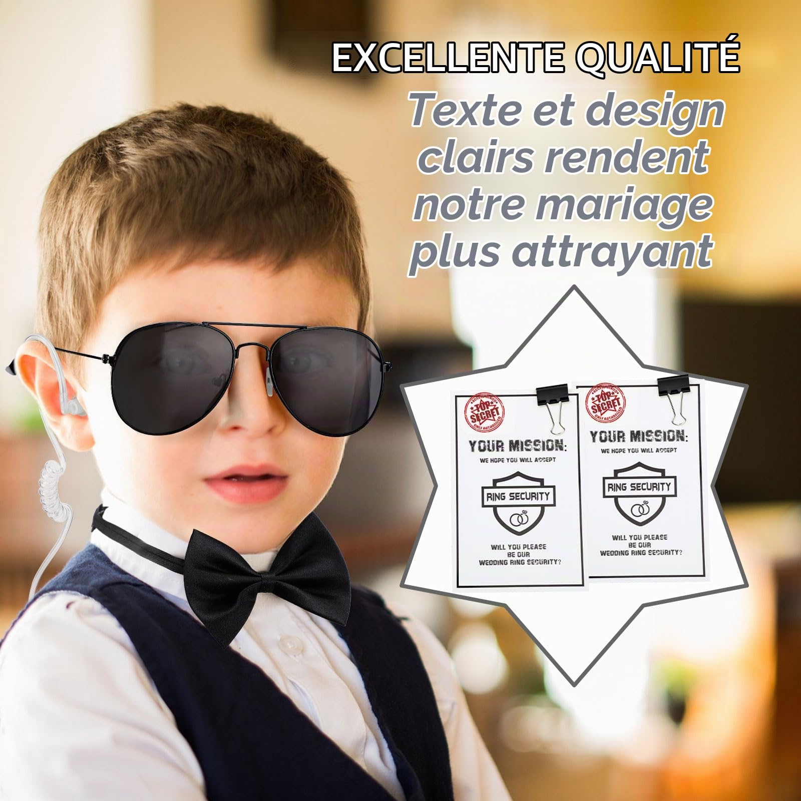 Mepase 14 Pcs Ring Wedding Bearer Security Set Include Ring Bearer Box ID Badge Holder Sunglass Acoustic Earpiece Tube Mission Card with Binder Clip Bow for Kids (PP Plastic Suitcase)