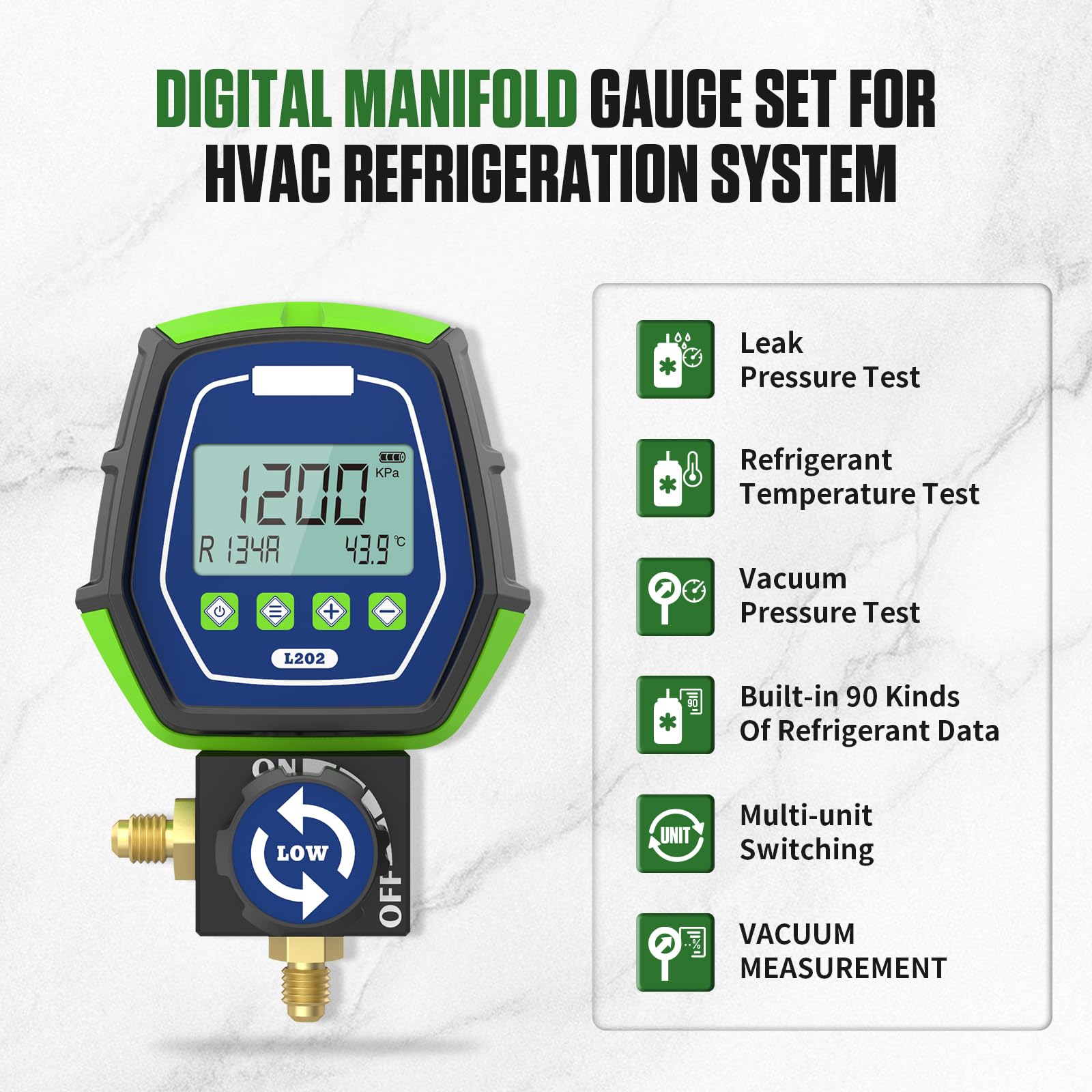 BELEY Manómetros Digital R32 - Bomba de vacío Aire Acondicionado y Prueba R134A R410A HVAC Manómetros Digitales con 90 refrigerantes incorporados para probar y Mantener Sistemas de refrigeración