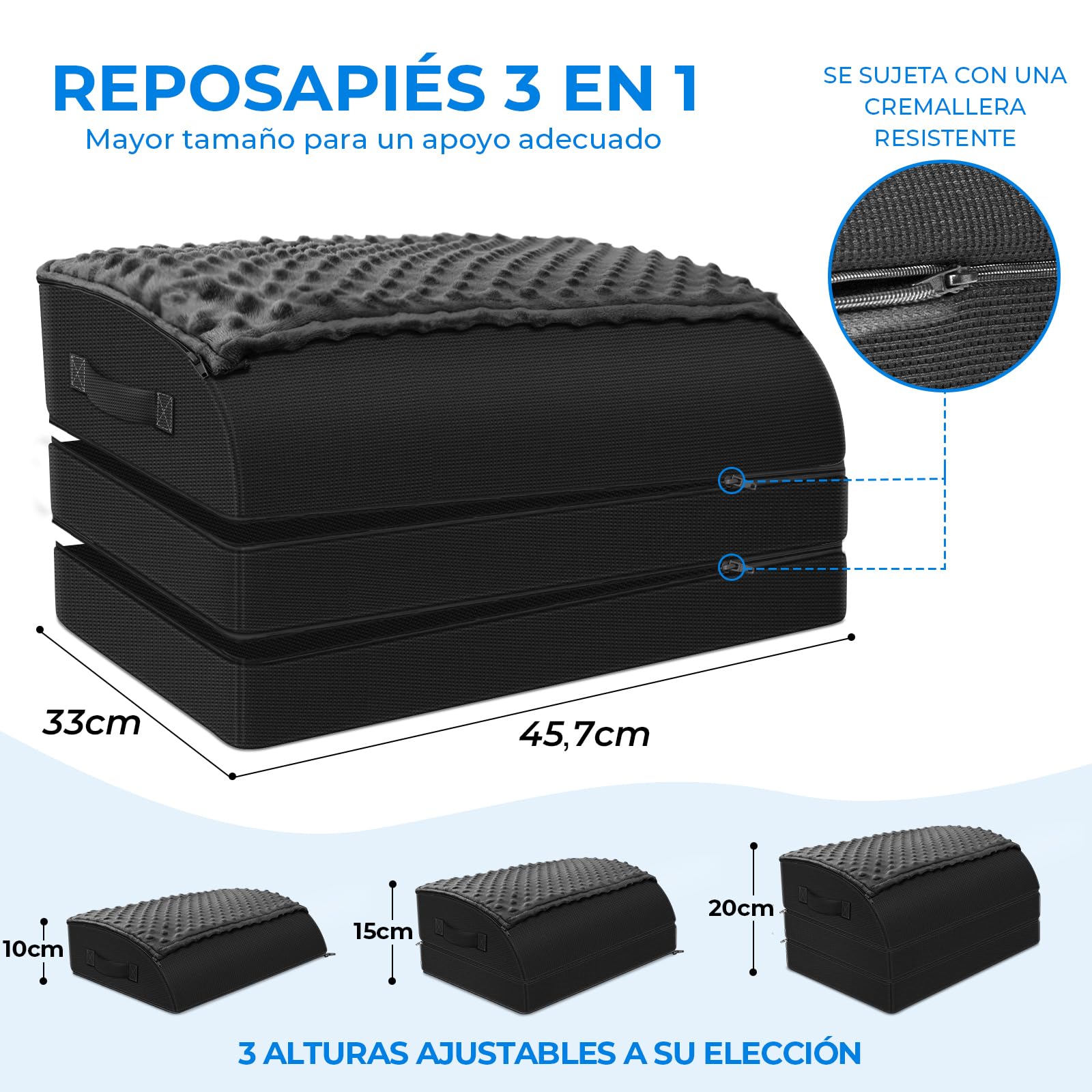 KingPavonini Reposapies de oficina, Espuma con Memoria de Gel, 3 Alturas Ajustables Ergonómico, Bolsillo Caliente para Los Pies,Aliviar Molestias de Espalda Cadera Piernas (Negro2)