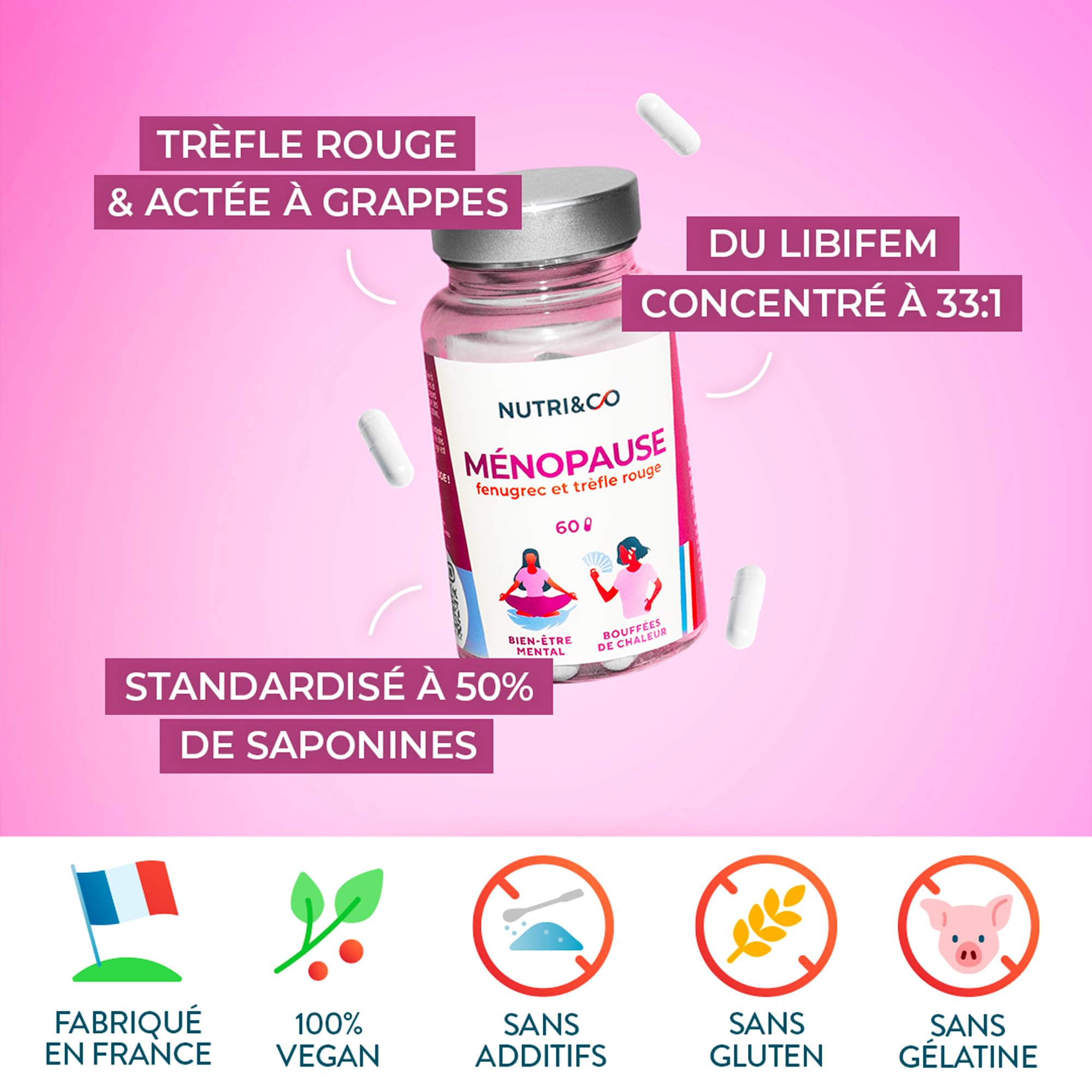 NUTRI & CO Ménopause et Pré-Ménopause BIO-Actif - Sans Hormones 100% Naturel - Libifem® Extrait de Fenugrec - Bouffées de Chaleur et Troubles de l'Humeur - 60 Gélules Vegan - Fabriqué en France