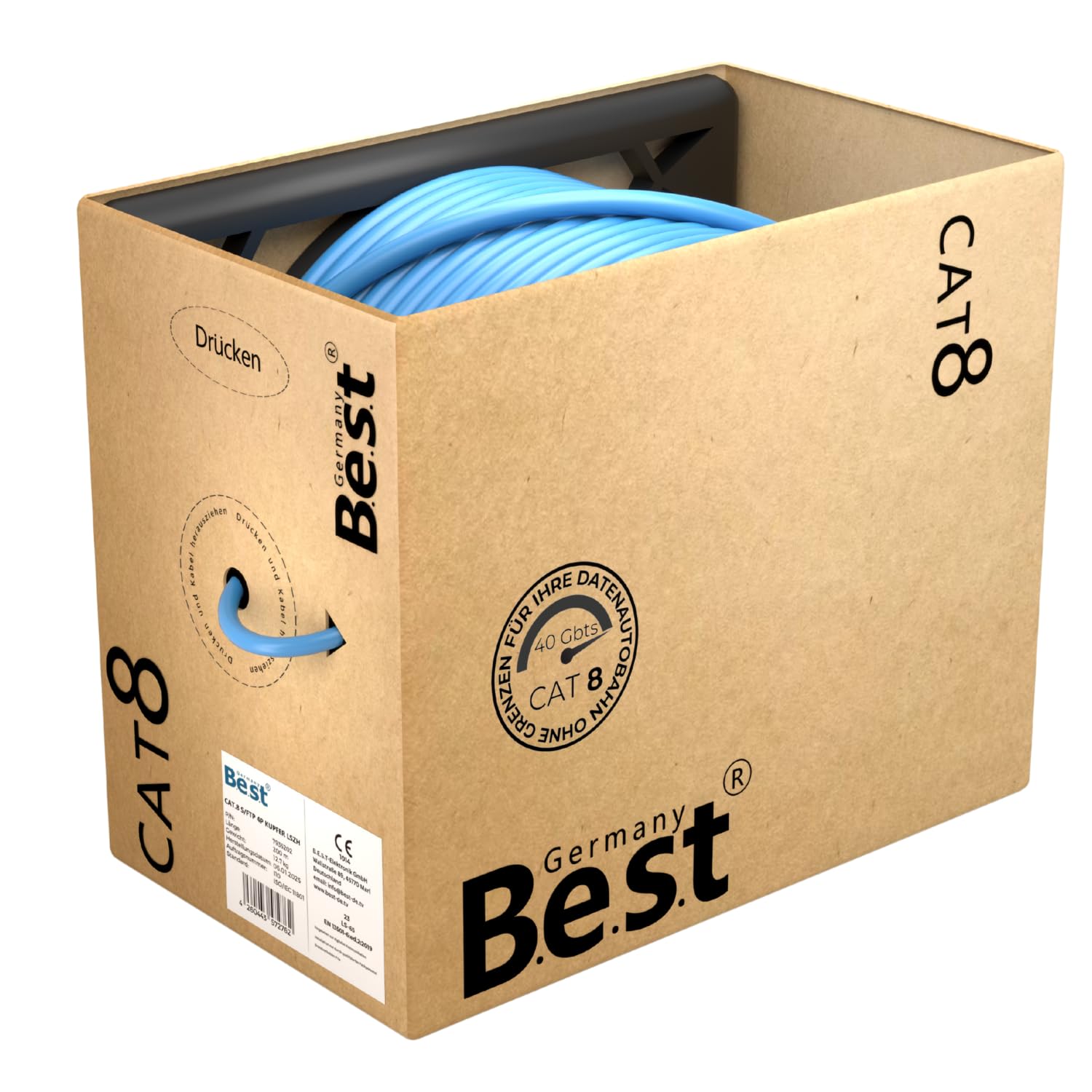 Germany B.e.s.t Cable de red CAT 8, 200 m, sin halógenos, cable de instalación, 40 Gbit/s, cableado CAT8, cable de datos de red CAT8.1 LAN