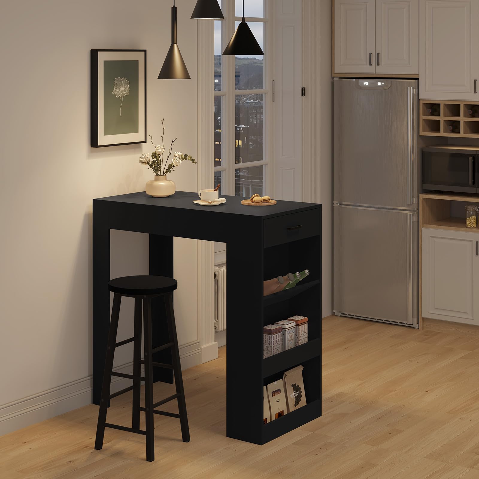 WOLTU BT47whe Bartafel, bistrotafel met 1 lade, 3 planken, met wijnrek