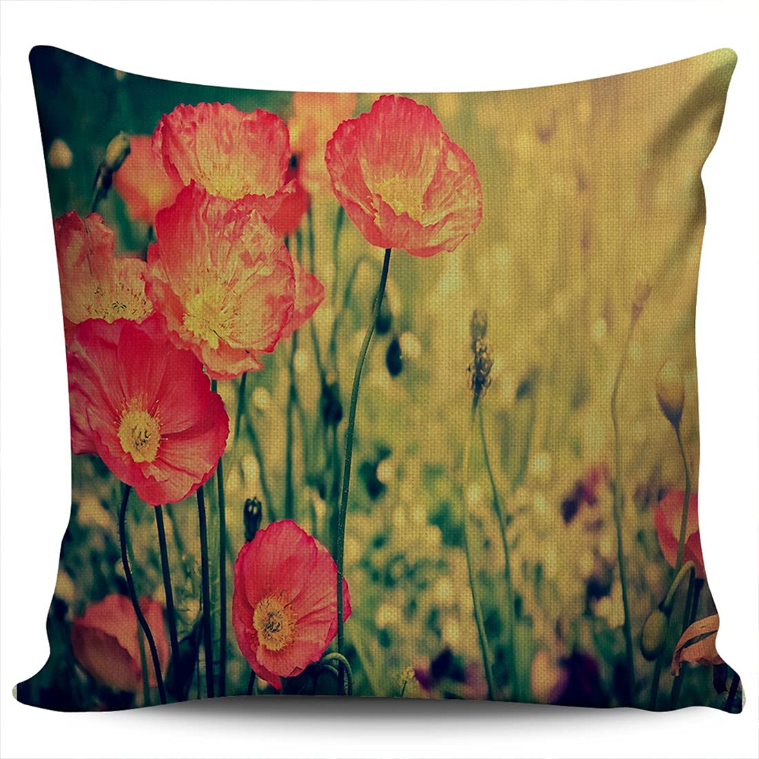 WEINIYA Decorative Cotton Linen Throw Pillow Cases Red Poppies on The Grass 20x20 inches Square Cushion Covers for Couch Sofa Bed