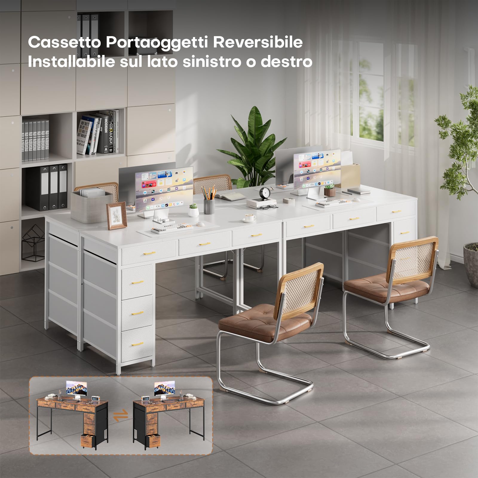 SOLAVERO Scrivania con 6 Cassetti in Tessuto, 120 x 50 cm Scrivania Salvaspazio Reversibile, Tavolo Computer per Casa Ufficio, Camera da Letto, Soggiorno, Bianco