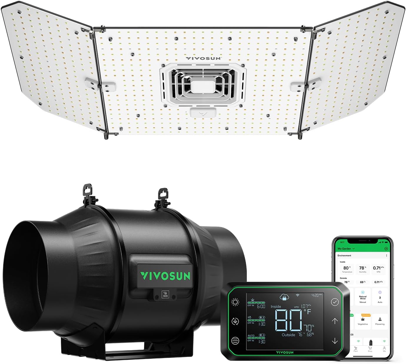 vivosun smart grow system with aerolight a200se 200w led grow light with circulation fan, aerozesh t6 6-inch 408 cfm inline duct fan, and growhub e42a temperature & humidity wifi-controller