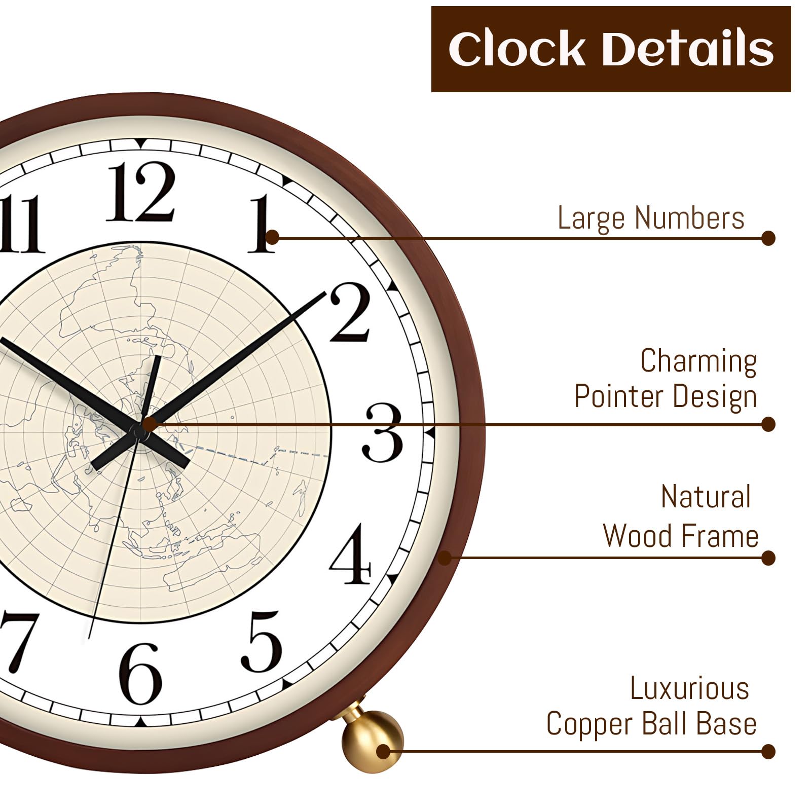 Maxspace Reloj de mesa silencioso de madera de 8 pulgadas, reloj de escritorio, funciona con pilas, reloj redondo para decoración de sala de estar, oficina, dormitorio (nogal - mapa)